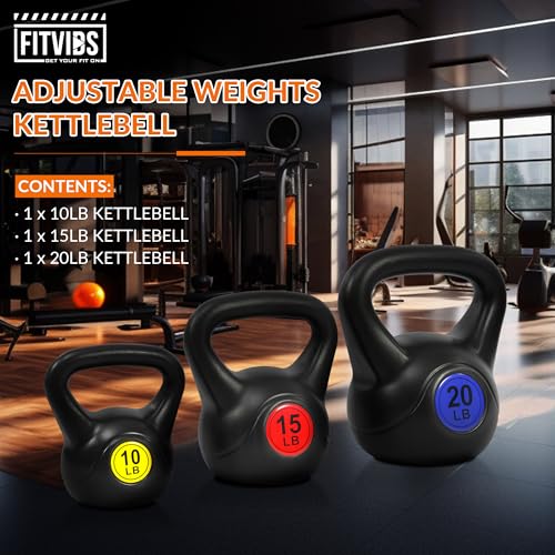 Fitvids Wide Grip 3-Piece or 4-Piece Kettlebell Exercise Fitness Weight Set, Include 5 lbs, 10 lbs, 15 lbs and 20 lbs, Set of 3 or Set of 4