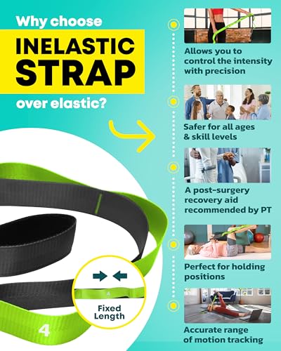 Stretching Strap with Loops - Non Elastic Stretch Band for Physical Therapy, Yoga Strap for Stretching Equipment, Stretch Bands for Exercise and Flexibility - Fascia, Hamstring & Leg Stretcher Belt - style: 10 Loops - Green