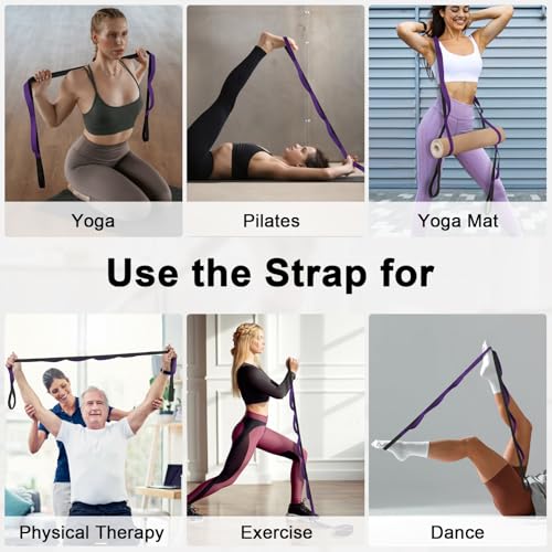 Amrules Yoga Strap for Stretching with 10 Loops Inelastic Soft Polyester Cotton Stretch Out Band for Exercise, Yoga, Pilates and Dance for Men and Women