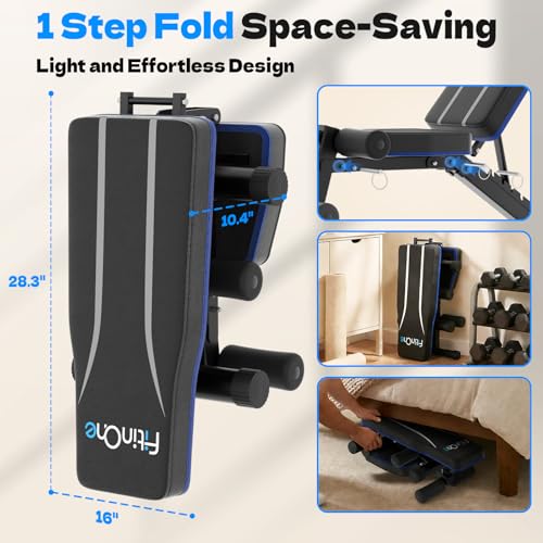 FitinOne Adjustable Folding Weight Bench for Home Gym, 660 lbs Capacity Multi-Functional Workout Bench Sturdy Durable for Full Body - color: Black-Blue