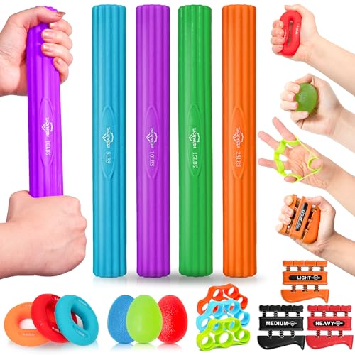 DICYWUDI Flex Therapy Bar and Grip Strength Trainers set, Physical Therapy & Resistance Bar for Golfers Elbow,Tendinitis,Wrist,Forearms Pain, Improve Grip Strength and Relieve Pain - color: ‎16pcs Orange Sets+finger Exerciser Sets
