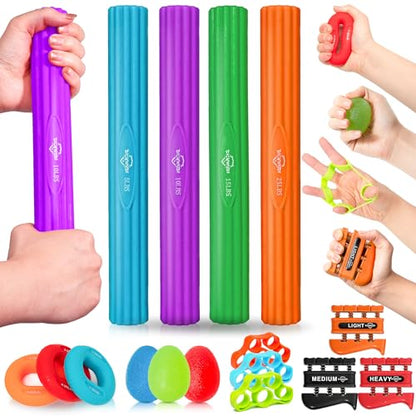 DICYWUDI Flex Therapy Bar and Grip Strength Trainers set, Physical Therapy & Resistance Bar for Golfers Elbow,Tendinitis,Wrist,Forearms Pain, Improve Grip Strength and Relieve Pain - color: ‎16pcs Orange Sets+finger Exerciser Sets