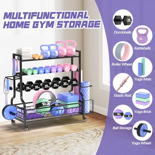 PARTPHONER Dumbbell Weight Rack, Home Gym Storage for Kettlebells Yoga Mat and Balls, All in One Workout Storage with Wheels and Hooks, Powder Coated Finish Steel - size: 49.6"(L)x15.8"(W)x39.8"(H)