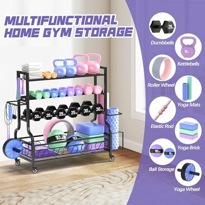 PARTPHONER Dumbbell Weight Rack, Home Gym Storage for Kettlebells Yoga Mat and Balls, All in One Workout Storage with Wheels and Hooks, Powder Coated Finish Steel - size: 49.6"(L)x15.8"(W)x39.8"(H)