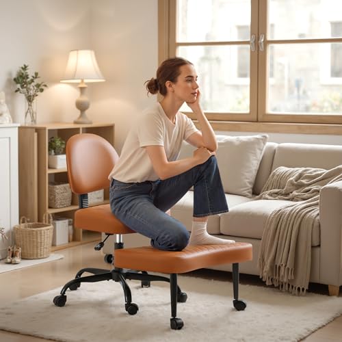 Homall Ergonomic Cross Legged Office Desk Chair with Wheels, 360° Swivel and Adjustable Height for Meditation and ADHD,Criss Cross Kneeling Chair with Lumbar Support (Leather, Brown) - color: Brown