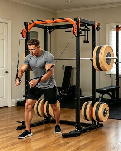 Power Cage, Power Rack with Cable Crossover System, 2000LBS Squat Rack with LAT Pull Down System, Workout Cage with Pulley System for Fitness Home Gym Strength Training (Red&Black)