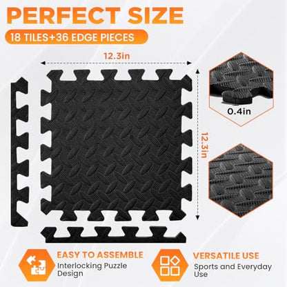 18 Tiles EVA Interlocking Foam Gym Floor Mats Set, 12"x12"x0.4" Protective Puzzle Flooring for Home Gym Workout Exercise Garage Playroom (18Pcs)