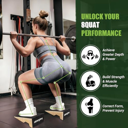 Squat Wedge Block, 2 Pcs Non-Slip Wooden Squat Wedge for Heel Elevation & Weightlifting with Training Poster & Storage, 1800 Lbs Capacity Exercise Slant Board for Calf Stretching & Ankle Mobility