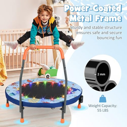 GYMAX 36” Toddler Trampoline with Lights, Folding Springless ASTM Approved Small Kids Rebounder with Foam Handle, Safety Padded Cover & Foldable Legs, Mini Indoor Baby Trampolines - color: Light Blue