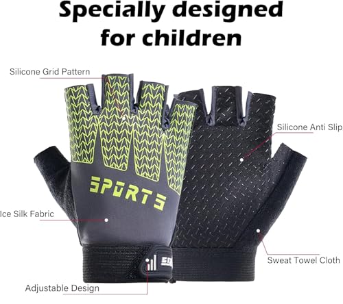 Kids Bike Gloves Cool Ice Silk Anti-Slip Sweat Towel Hook and Loop Closure Breathable Comfortable High Elasticity Perfect for Boys & Girls