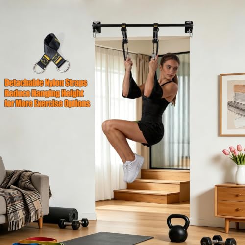 Wall Mounted Pull Up Bar, Carbon Steel Doorway Chin Up Bar for Home Gym - color: Black- Ab Straps
