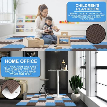 BalanceFrom 16-Pack 12x12 Inches EVA Interlocking Foam Play Tile Mat, Blue/Brown/Beige – 0.4-Inch Thick Non-Slip Puzzle Flooring for 16 Square Feet in Playroom, Nursery, or Playpen at Home