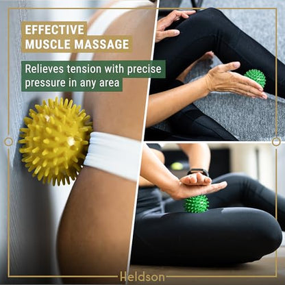 HELDSON® 3 Spiky Massage Balls Set [Soft, Medium, Hard] - Foot Roller Massager Spikes - Spike Trigger Point Ball for Back Pain Relief & Feet - Plantar Fasciitis Deep Tissue Therapy - Spikey Pressure