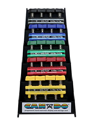 CanDo Digi-Flex Hand and Finger Exerciser 5 Piece Set X-Light - X-Heavy Resistance with Plastic Storage Rack- For Dexterity, Strength, and Flexibility for Fingers, Hands, and Forearms