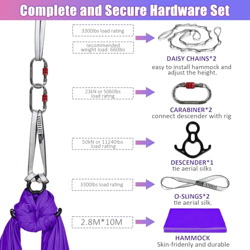 Aerial Silks Kit & Aerial Yoga Hammock - 11Yd Premium Fabric with Hardware - Easy Setup for Flying Yoga, Aerial Swing & Fitness - Supports Up to 14ft Rigging