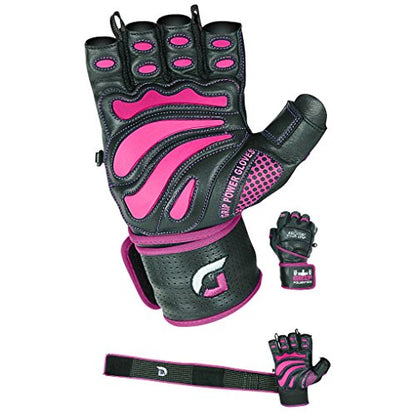 Grip Power Pads Leather Gym Gloves for Women – Built-in 2" Wrist Wraps, Pink Weightlifting, Powerlifting, Bodybuilding Workout