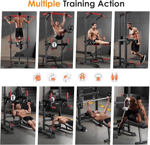 SogesHome Multi-Function Power Tower Pull Up Bar Dip Station, Home Gym Adjustable Height Fitness Workout Equipment with Foldable Dumbbell Stool, 330LB Capacity for Push-Ups, Sit-Ups, Strength Training