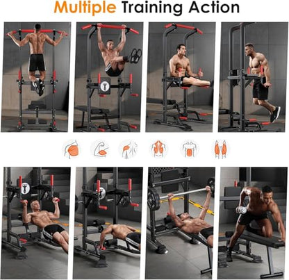 SogesHome Multi-Function Power Tower Pull Up Bar Dip Station, Home Gym Adjustable Height Fitness Workout Equipment with Foldable Dumbbell Stool, 330LB Capacity for Push-Ups, Sit-Ups, Strength Training