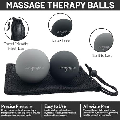 YENSI Silicone Massage Lacrosse Balls for Trigger Point Therapy, Myofascial Release, and Deep Tissue Massage. Set of 2 Balls with Carrying Bag. Latex-Free. Ideal for Feet and Targeted Muscle Relief