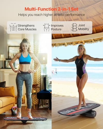 VEVOR Balance Board, 3-Level Height Adjustable Wobble Board Trainer for Adults, Premium Wooden Balance Training Equipment, with Roller, Magnetic Stoppers, Storage Rack, for Core Workouts, Surf Trainer