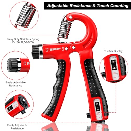 Hand Grip Strengthener 2 Pack Adjustable Resistance 10-130 lbs Forearm Exerciser，Grip Strength Trainer for Muscle Building and Injury Recovery for Athletes - color: Red