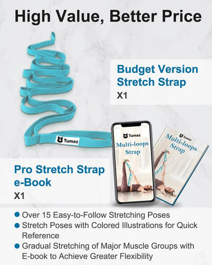 Yoga & Stretching Essentials Bundle: 10-Loop Non-Elastic Stretch Strap for Physical Therapy, Yoga, Pilates & 2-Pack High-Density EVA Foam/Cork Yoga Blocks with 8FT Strap Set and E-Book