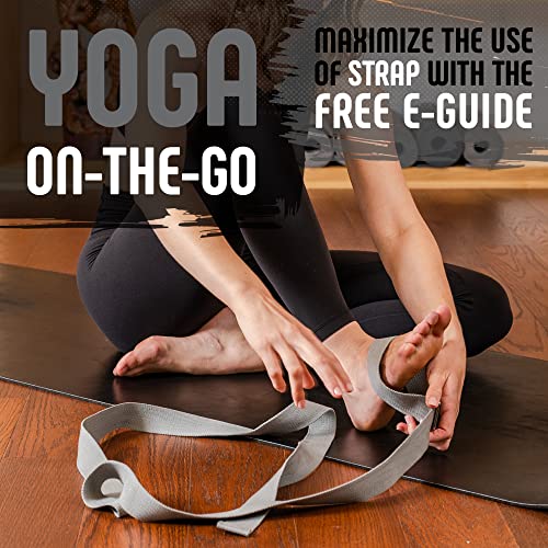 Yoga Strap, Friction-Less Easy-Feed Buckle, Super Soft Cotton/Polyester Blend Webbing, Free eGuide. (8 Feet) - color: Grey