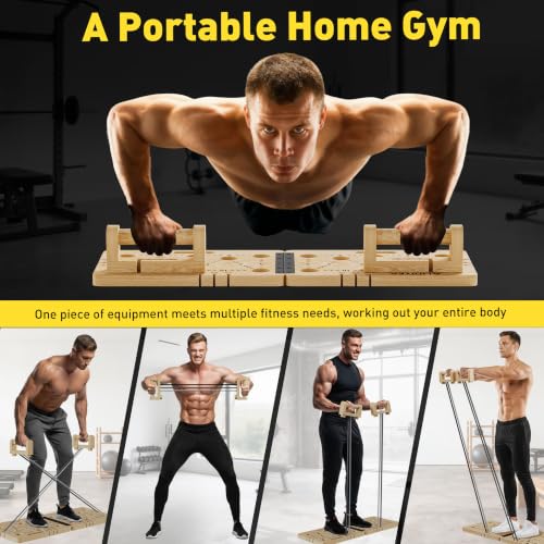 Wooden Push Up Board 30 in 1 Foldable with Resistance Bands - Thickened Pine Wood Multi-Push Up Board for Men & Women, Portable Gym/Home Workout Gear for Chest, Shoulders, Arms & Back