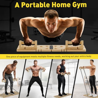 Wooden Push Up Board 30 in 1 Foldable with Resistance Bands - Thickened Pine Wood Multi-Push Up Board for Men & Women, Portable Gym/Home Workout Gear for Chest, Shoulders, Arms & Back