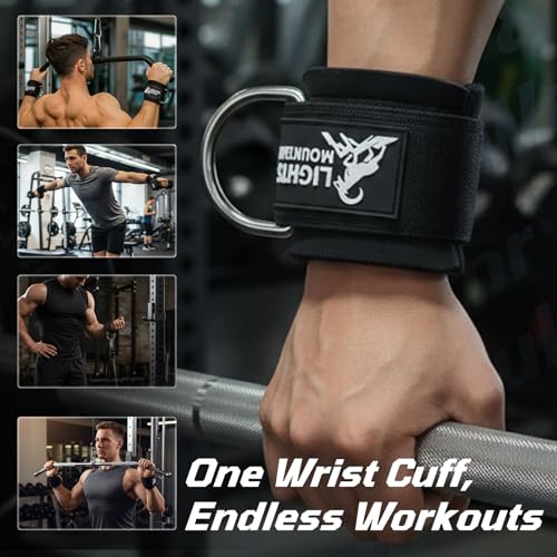 Lights Mountain Wrist Cuffs with Sliding D-Ring – Adjustable Neoprene Padded Straps for Cable Machine Workouts & Wrist Support Strength Training Equipment