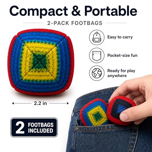 Retro Striped Footbag Professional Sand Filled Kick Ball - Hackys Foot Sacks for Beginners & Pros, Compact Agility Training & Outdoor Circle Game for Adults and Teens