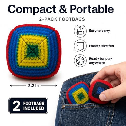 Retro Striped Footbag Professional Sand Filled Kick Ball - Hackys Foot Sacks for Beginners & Pros, Compact Agility Training & Outdoor Circle Game for Adults and Teens
