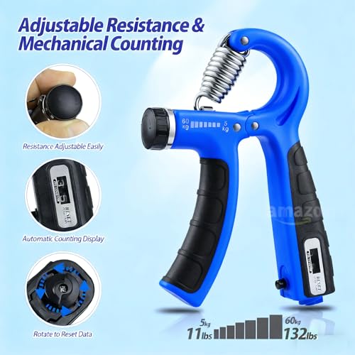 Grip Strength Trainer with Counter, Hand Grip Strengthener, Adjustable Resistance 11-132Lbs (5-60kg), Hand Grip Exerciser Strengthener Hand Exerciser for Muscle Building and Injury Recover - color: Blue
