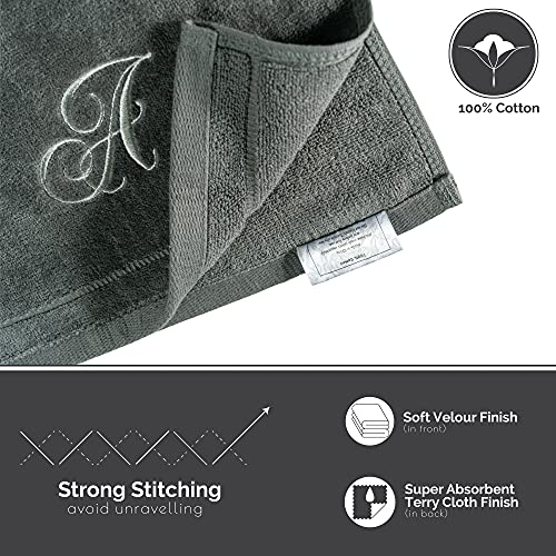 Monogrammed Towels Fingertip, Personalized Gift, 11 x 18 Inches - Set of 2- Silver Embroidered Towel - Extra Absorbent 100% Cotton- Soft Velour Finish - For Bathroom/ Kitchen/ Spa- Initial F (Gray)