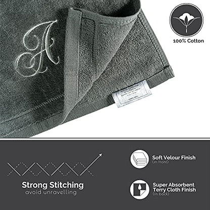 Monogrammed Towels Fingertip, Personalized Gift, 11 x 18 Inches - Set of 2- Silver Embroidered Towel - Extra Absorbent 100% Cotton- Soft Velour Finish - For Bathroom/ Kitchen/ Spa- Initial F (Gray)