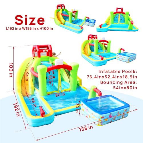 WELLFUNTIME Inflatable Water Double Slides Park with Blower, Bouncy Castle with Rock Climbing, Jumping Area for Basketball