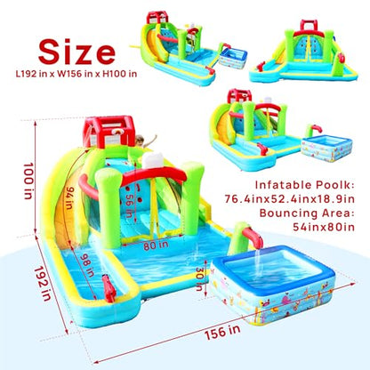 WELLFUNTIME Inflatable Water Double Slides Park with Blower, Bouncy Castle with Rock Climbing, Jumping Area for Basketball
