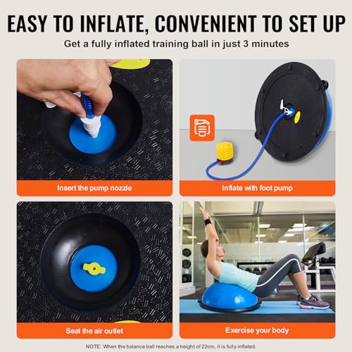 VEVOR Half Exercise Ball Trainer, 23/26 inch Balance Ball Trainer, 1500lbs Capacity Stability Ball, Yoga Ball with Resistance Bands & Foot Pump, Strength Fitness Ball for Home Gym Full Body Workout - color: 23" Ripple Blue
