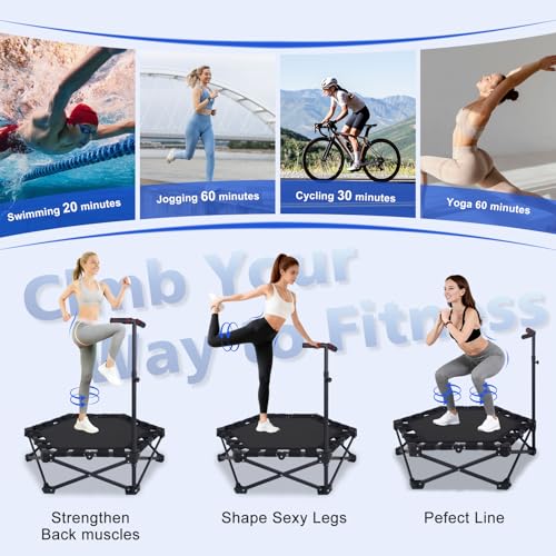 Foldable Trampoline, Fitness Rebounder Trampoline with 5-Level Adjustable Foam Handle, Quiet and Stable Exercise Trampoline for Kids Adults, Indoor/Outdoor Mini Trampoline