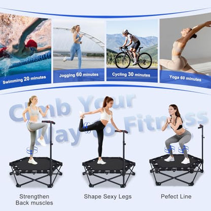 Foldable Trampoline, Fitness Rebounder Trampoline with 5-Level Adjustable Foam Handle, Quiet and Stable Exercise Trampoline for Kids Adults, Indoor/Outdoor Mini Trampoline