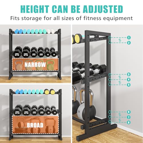 3 Tier Adjustable Dumbbell Rack, 33.6-Inch Weight Rack for Home Gym, Extended Base kettlebell holder for Home Gym, Space-Saving Dumbbell Stand - 900LBS Capacity (Rack Only)