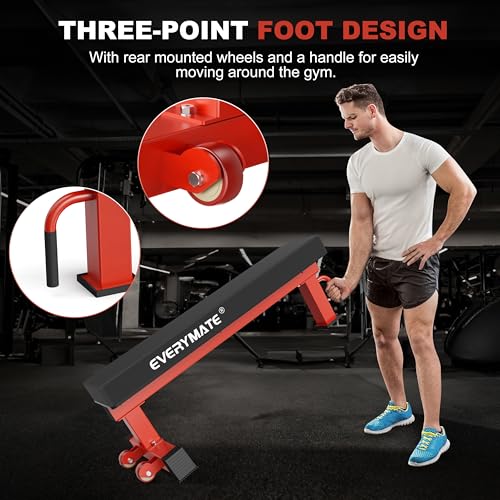 Flat Bench, 4" Thick HeftyGrip Vinyl Pad, Rated 1,200 LB, Flat Benches for Home Gym & Strength Training, Professional Grade Flat Weight Bench Made of Heavy Duty 3"*3" Tube (Red)