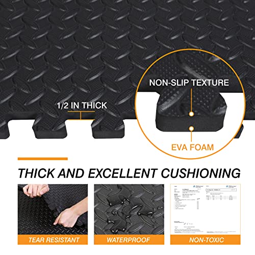 TCE AUPM001BK Interlocking Foam Mat Protective Exercise Workout Puzzle Floor Mat Tiles for Home Gym Equipment - 6 Pieces, 24 Square feet, Black