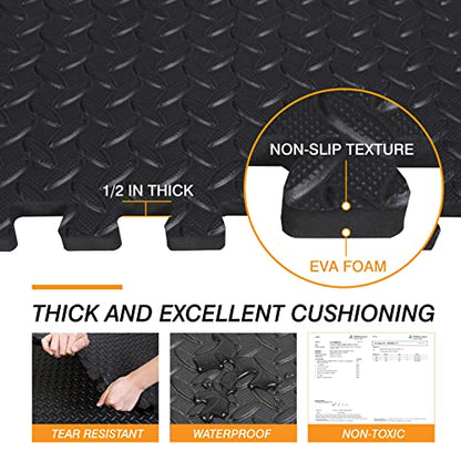 TCE AUPM001BK Interlocking Foam Mat Protective Exercise Workout Puzzle Floor Mat Tiles for Home Gym Equipment - 6 Pieces, 24 Square feet, Black