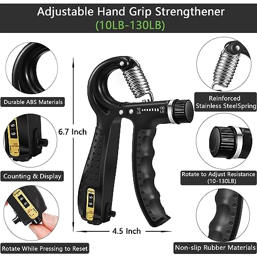 Grip Strength Trainer Kit (5 Pack), Grip and Forearm Strengthener, Finger Strengthener, Adjustable Resistance Hand Gripper, Grip Ring, Stress Relief Ball for Muscle Building, Injury Recover