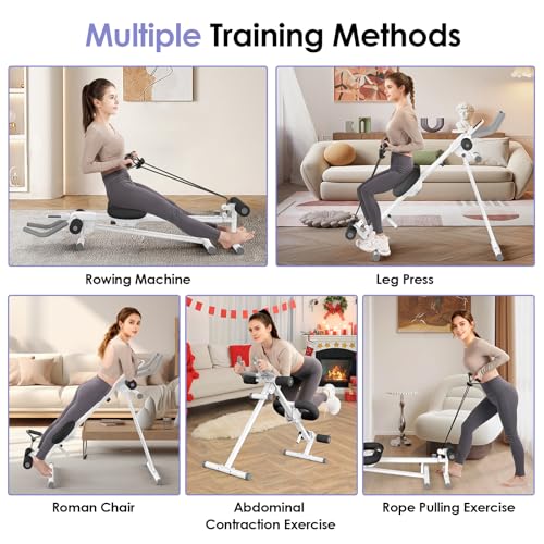 Foldable Ab Machine, 5-in-1 Adjustable Ab Trainer for Home Gym, Full-Body Core Workout Equipment with 10 Length Levels, LED Display & Silent Rollers, Sit-Up & Rowing Machine