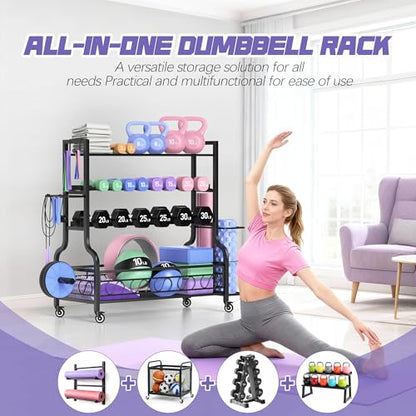 PARTPHONER Dumbbell Weight Rack, Home Gym Storage for Kettlebells Yoga Mat and Balls, All in One Workout Storage with Wheels and Hooks, Powder Coated Finish Steel - size: 49.6"(L)x15.8"(W)x39.8"(H)