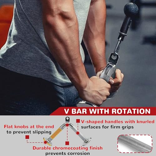 Fitvids Cable Attachment Set 800LB LoadCapacity Tricep Rope, Row Handle, StraightBar, V Bar Commercial Grade Cable MachineAccessories for Home Gym Workouts - size: 4-Piece Set-Chrome