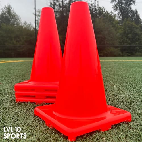 LVL10 Pro Training Cones - 12" Large Soccer Cones for Sports Training - for Basketball, Football, Basketball and Agility Drills - Soccer Field Markers that Won't Crack, Slide or Fly - style: 4 cones