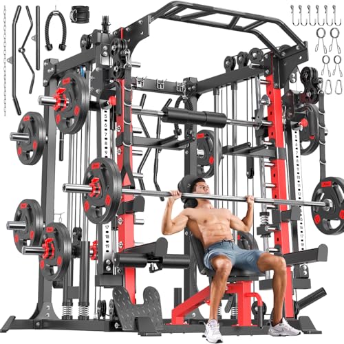 XGSW Smith Machine Home Gym, Multi-Function Power Cage with Dual Pulley Cable Crossover System,Squat Rack for Full-Body Workouts - color: L05, size: Red---Smith Machine+bench+(pole+Cast lron)250LBS
